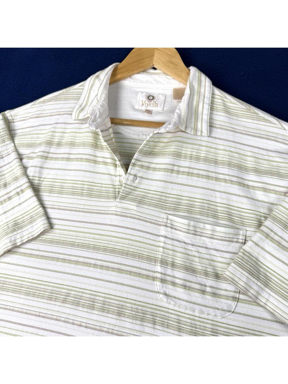 Viyella Polo Shirt Men L White Green Striped Cotton Stretch Casual Golf Preppy